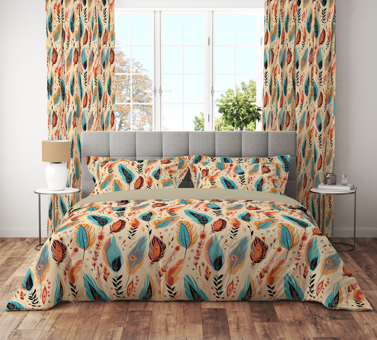 Boho Feather Teal Floral Reversible Quilt Cover Set - Adore India