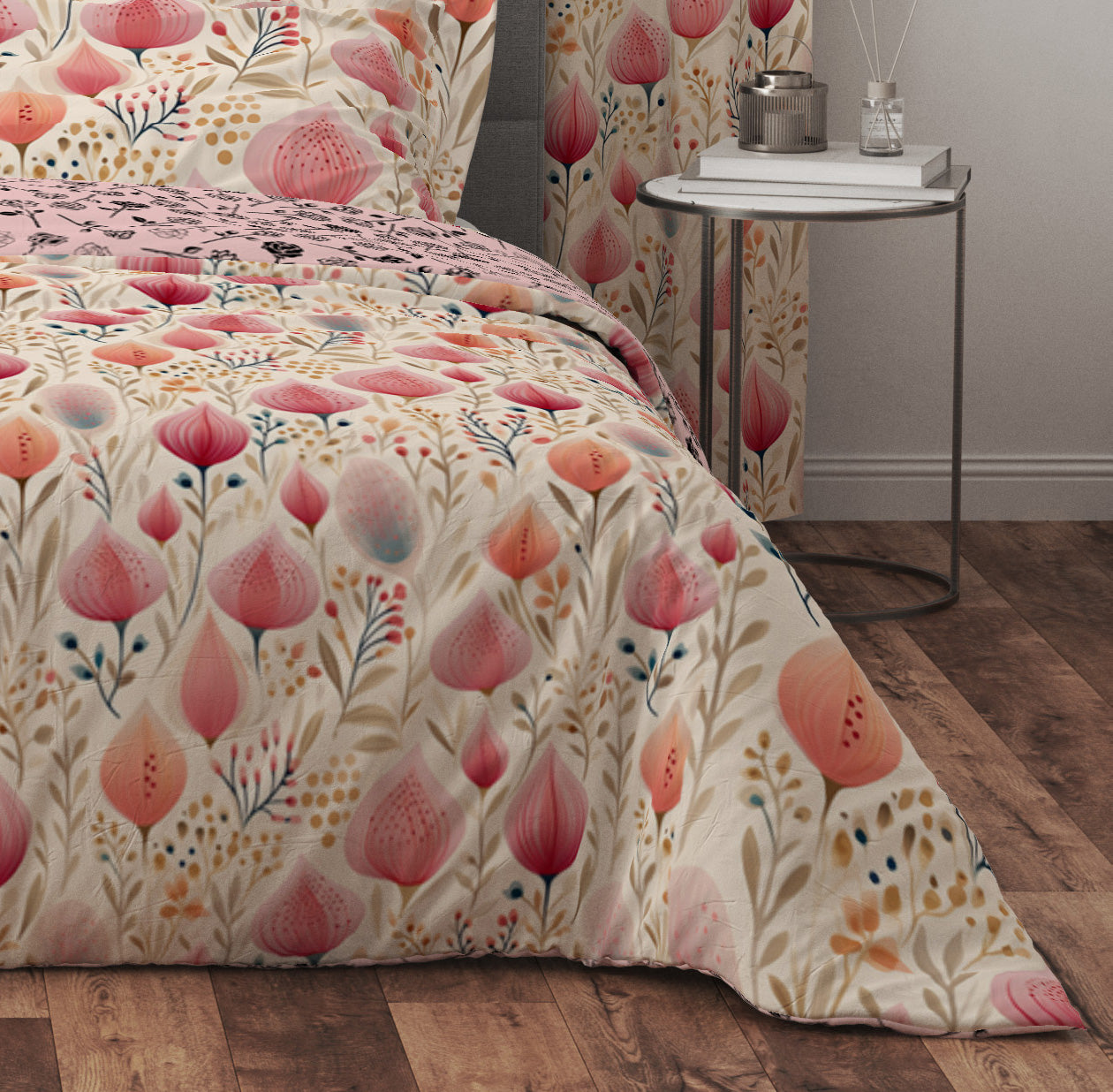 Bohemian Pink Rosebud Scandinavian Floral Cotton Reversible Quilt Cover Set - Adore India