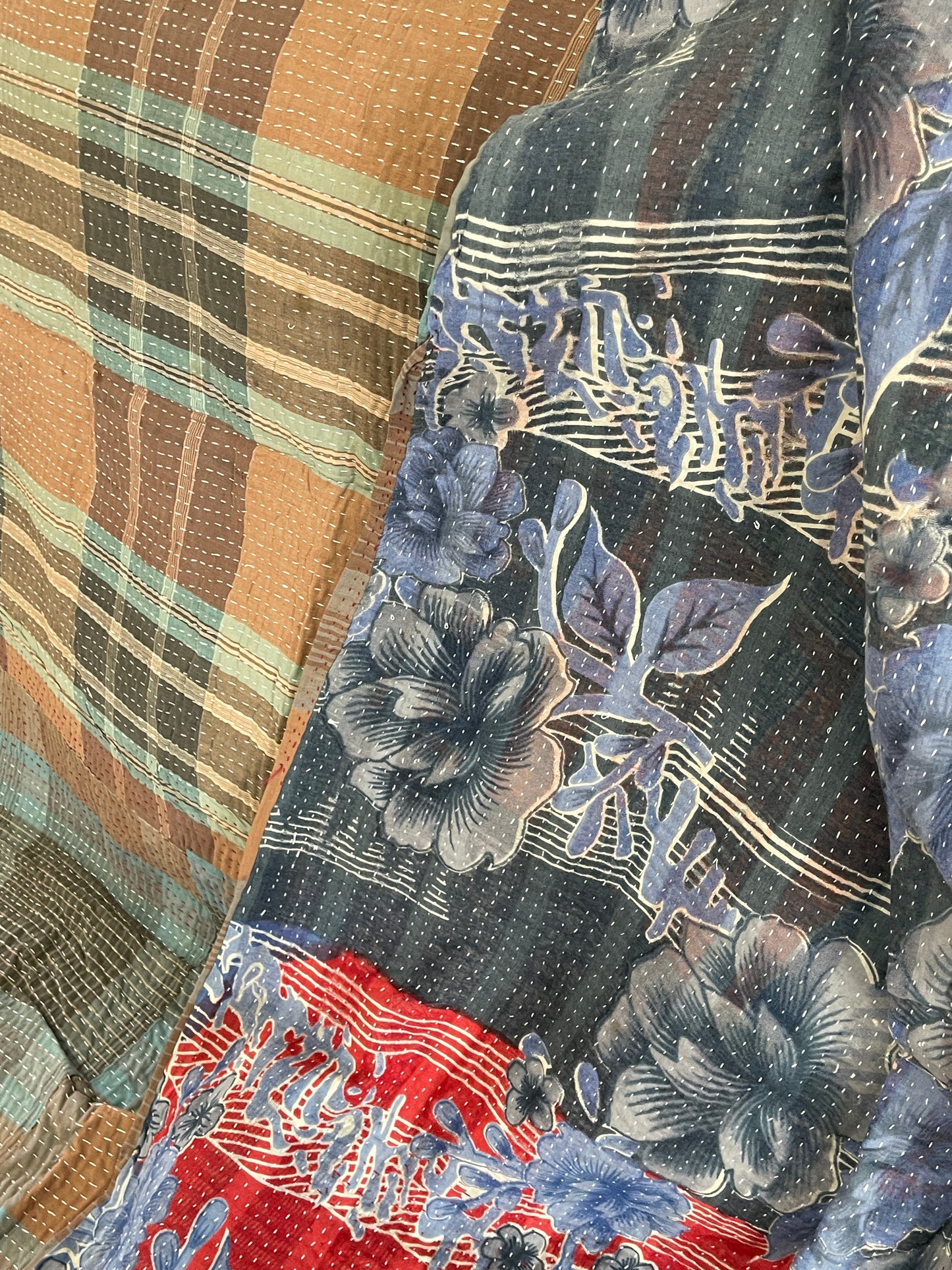 Indian Handmade Cotton Reversible Vintage Kantha Quilt Bedspread Throw- Rama - Adore India