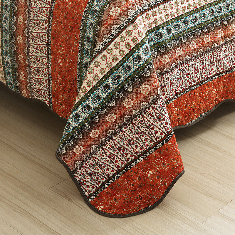 Red Multi Horizontal Geometrical Cotton 3 Piece Bedspread Bedding Set - Adore India
