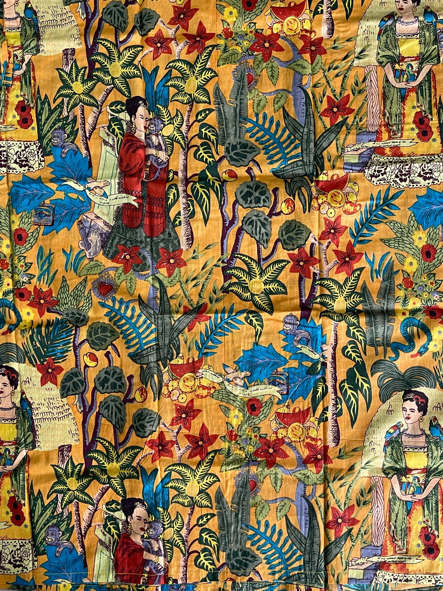 Cotton Printed Orange Kahlo Kimono Kaftan Bathrobe