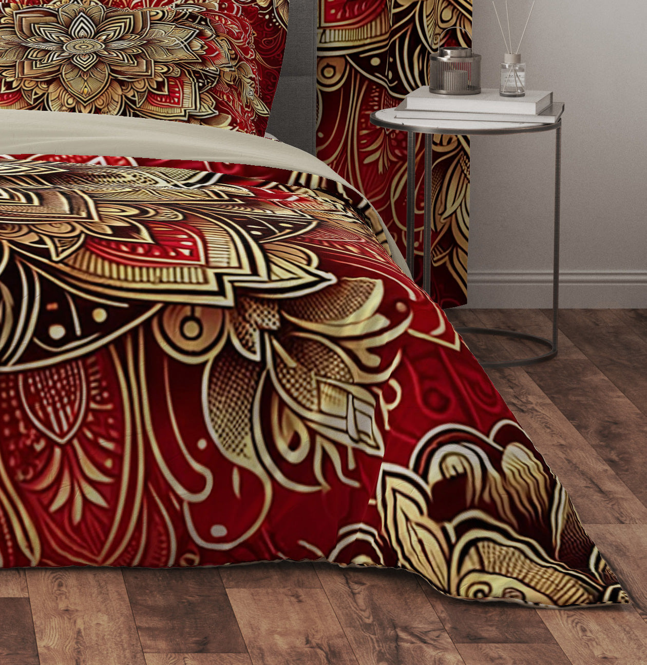 Red Gold Blossom Mandala Reversible Quilt Cover Duvet Cover Set - Adore India