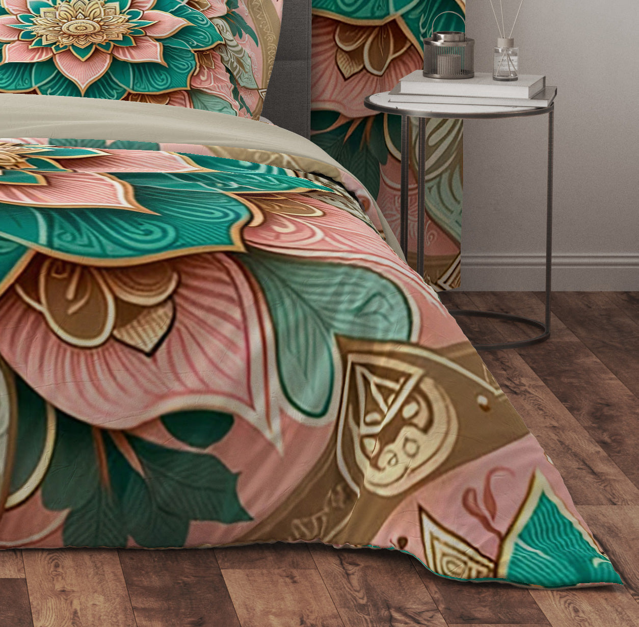 Pink Teal Blossom Mandala Reversible Quilt Cover Duvet Cover Set - Adore India