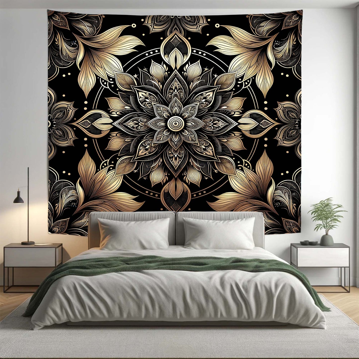 Bohemian Black Gold ABS Floral Mandala Tapestry Psychedelic Wall Hanging Boho Decor - Adore India
