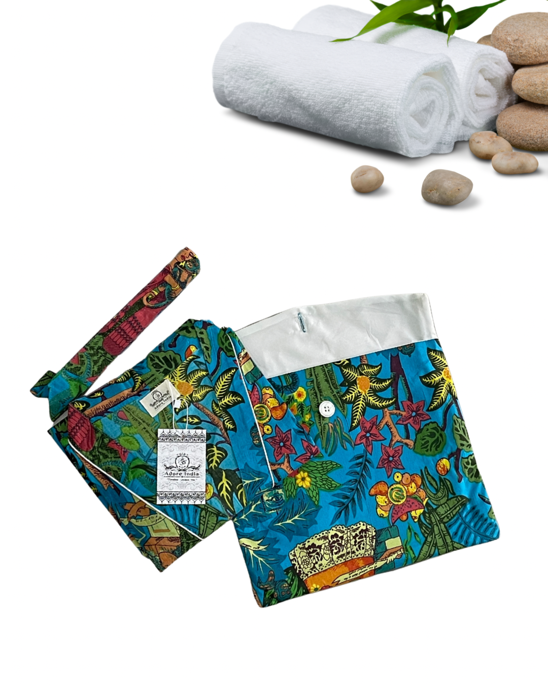 Cotton Printed Turquoise Kahlo Kimono Kaftan Bathrobe