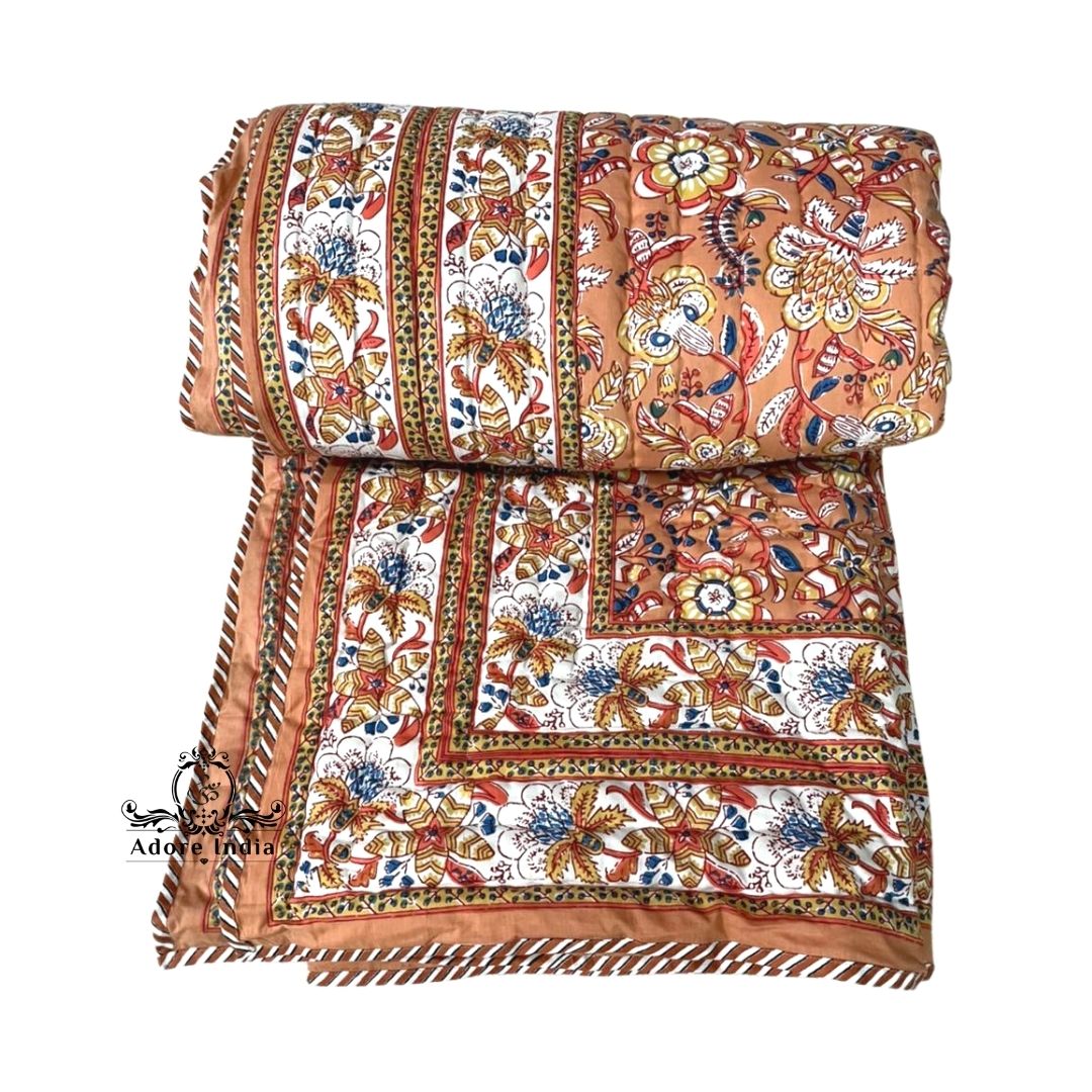 Gold Ganesha Floral Cotton Padded Kantha Bedspread Quilt Comforter - Adore India