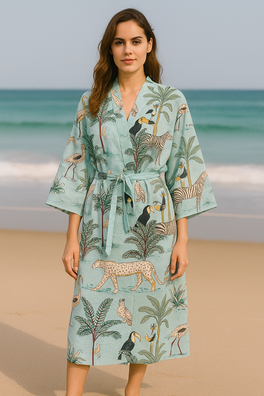 Cotton Safari Animal Printed Turquoise Kimono Kaftan Bathrobe