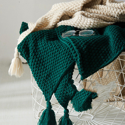 Green Nordic Solid Colour Tassel Knitted Blanket Throw - Adore India   