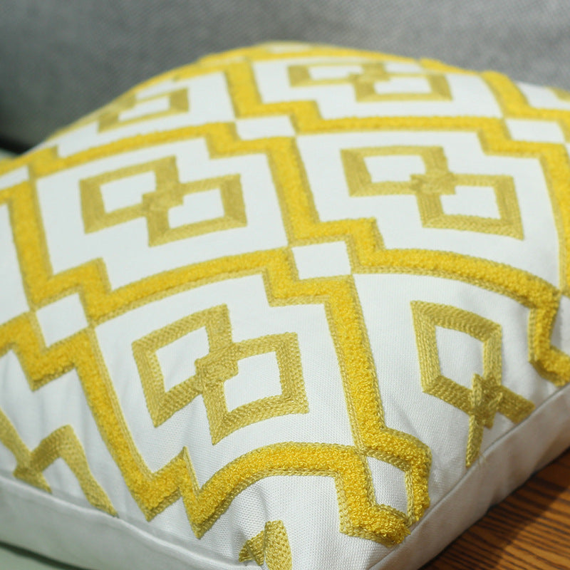 Yellow Mustard Geometrical Embroidery Cushion Cover - Adore India   