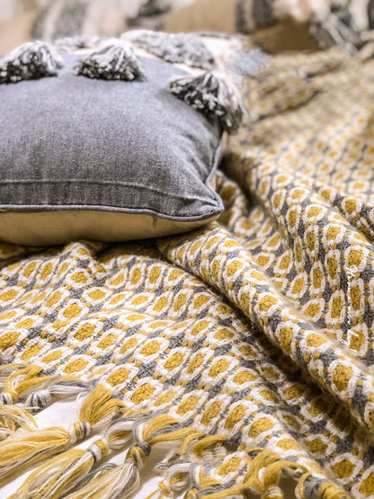 Bohemian Yellow Mustard Tassels Bedding Sofa Couch Throw - Adore India   