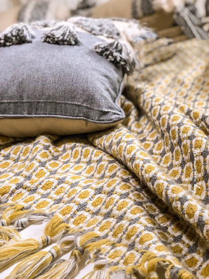 Bohemian Yellow Mustard Tassels Bedding Sofa Couch Throw - Adore India   