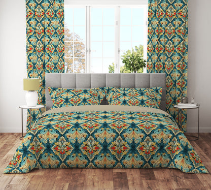 Royal Teal Gold Floral Reversible Quilt Cover Set - Adore India   