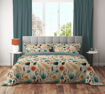 Teal Bohemian Leaf Petal Colourful Quilt Cover Set - Adore India   