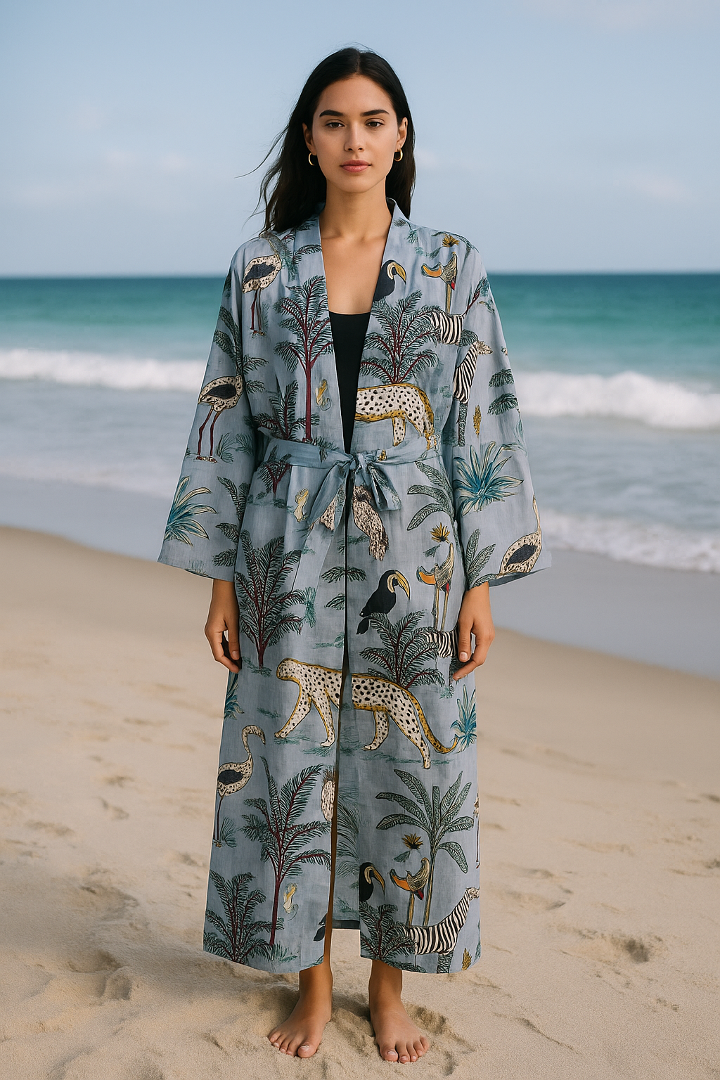 Cotton Safari Animal Printed Grey Kimono Kaftan Bathrobe