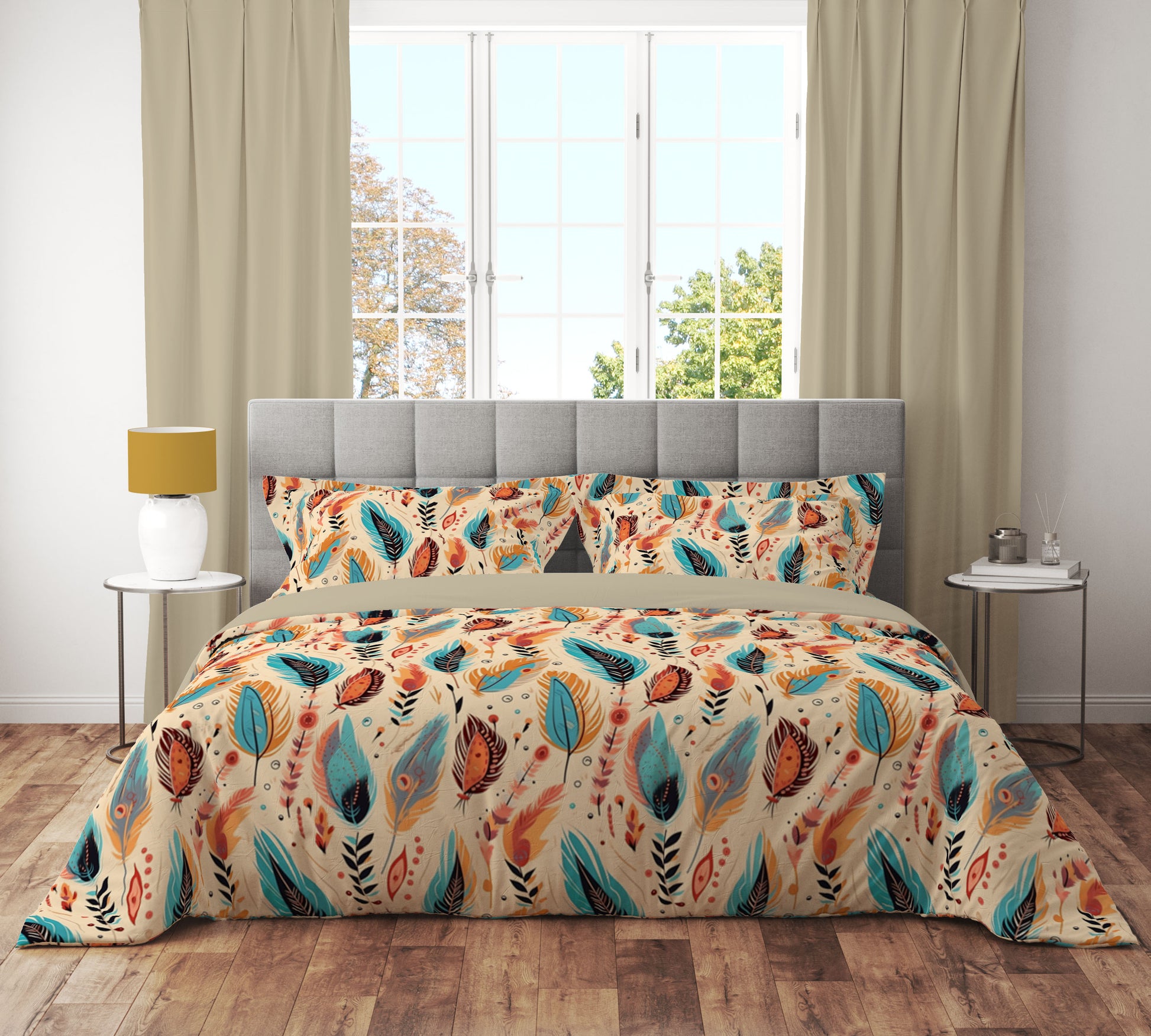 Boho Feather Teal Floral Reversible Quilt Cover Set - Adore India   