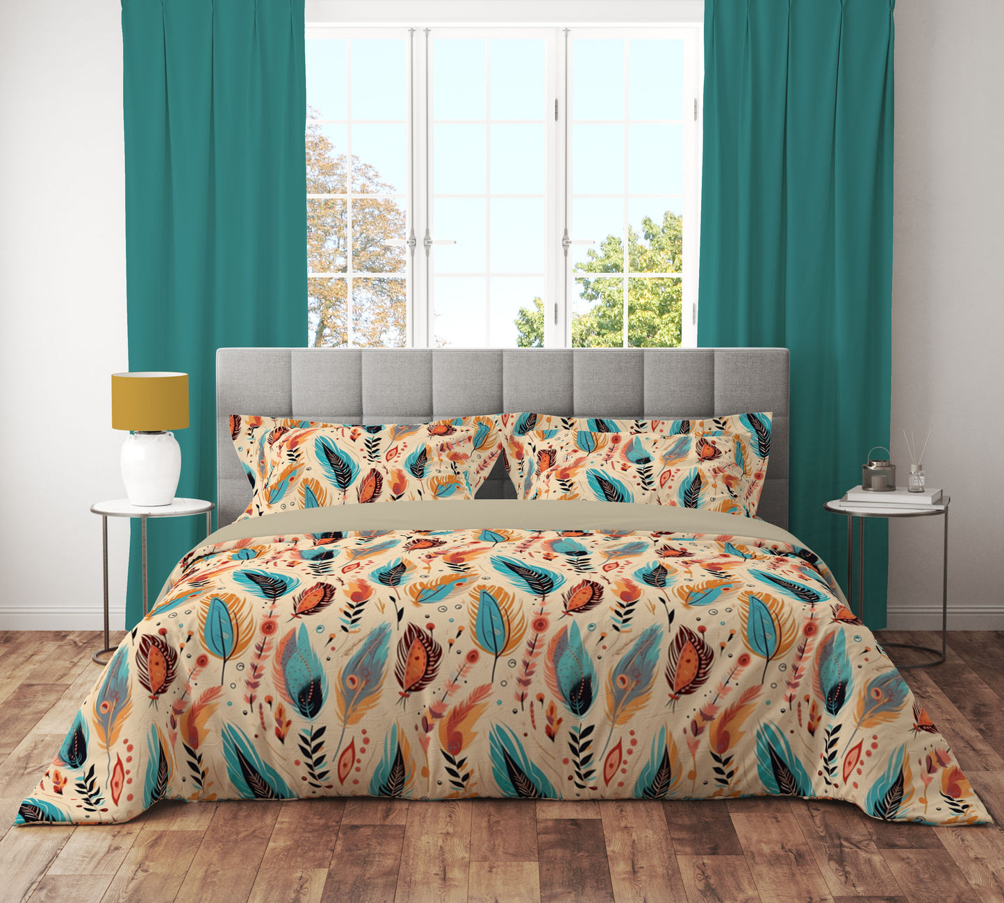 Boho Feather Teal Floral Reversible Quilt Cover Set - Adore India   