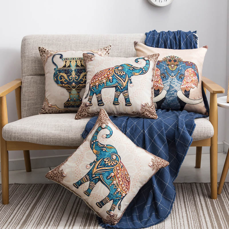 Bohemian Teal Elephant Printed Cushion Cover - Adore India   