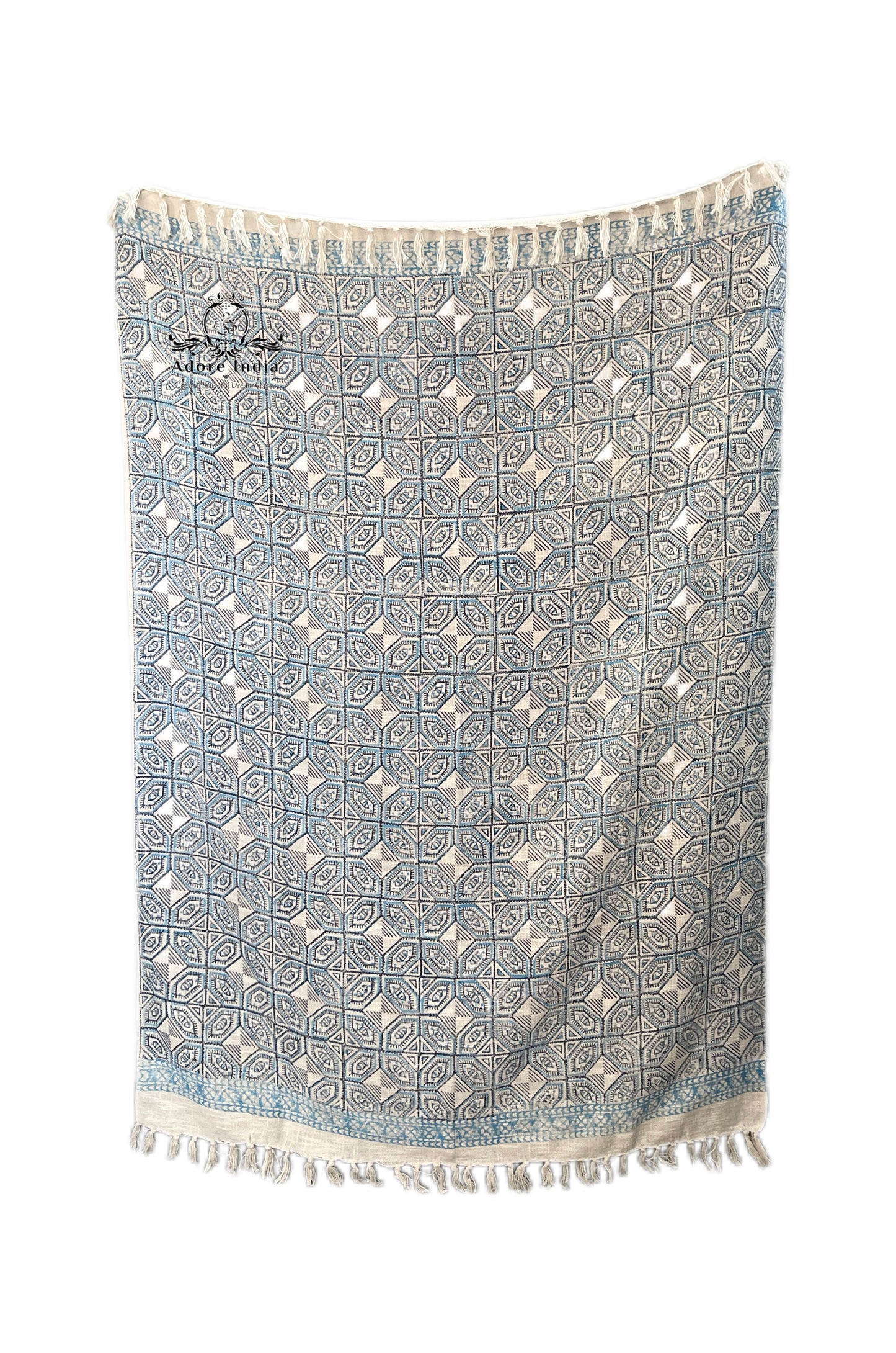 Bohemian Cotton Blue Geometrical Block Printed Cotton Throw Blanket - Adore India   