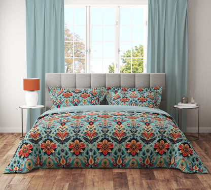 Vintage Red Daisy Floral Reversible Quilt Cover Set - Adore India   