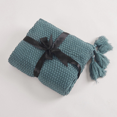 Turquoise Green Nordic Solid Colour Tassel Knitted Blanket Throw - Adore India   