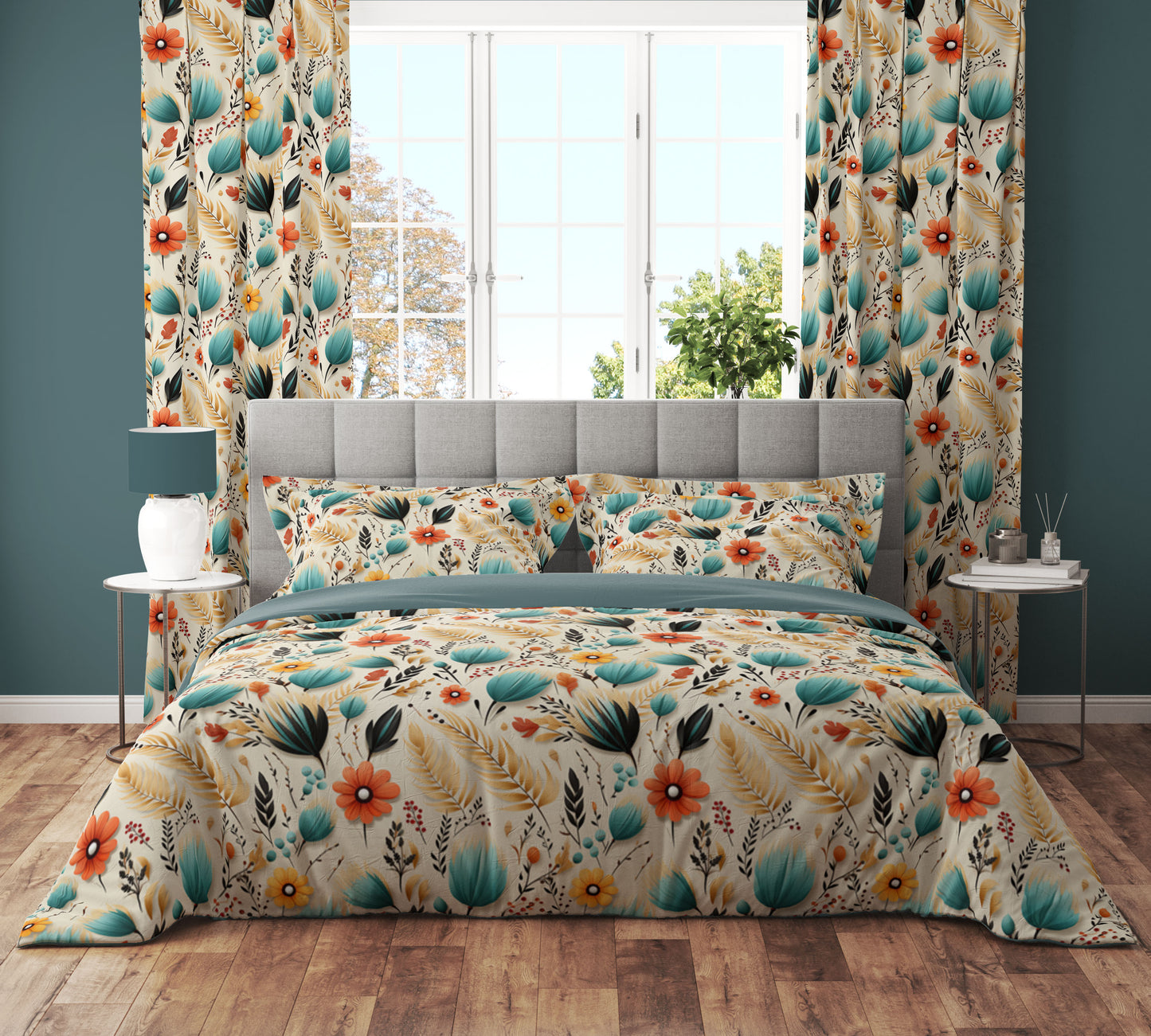 Teal Bohemian Leaf Petal Colourful Quilt Cover Set - Adore India   