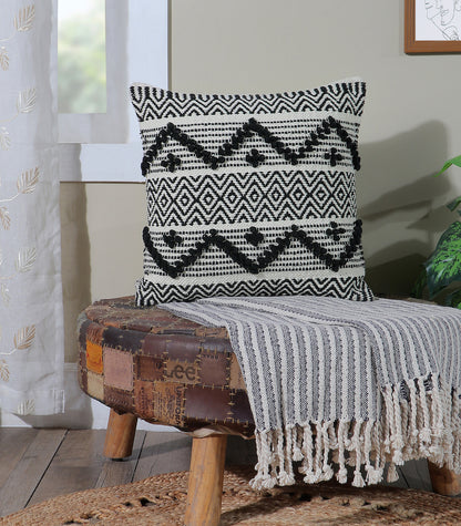 Boho Cushion Cover with Black and White Tribal Pattern Textured Design