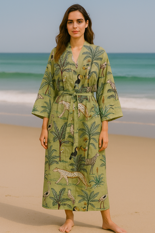 Cotton Safari Animal Printed Olive Green Kimono Kaftan Bathrobe