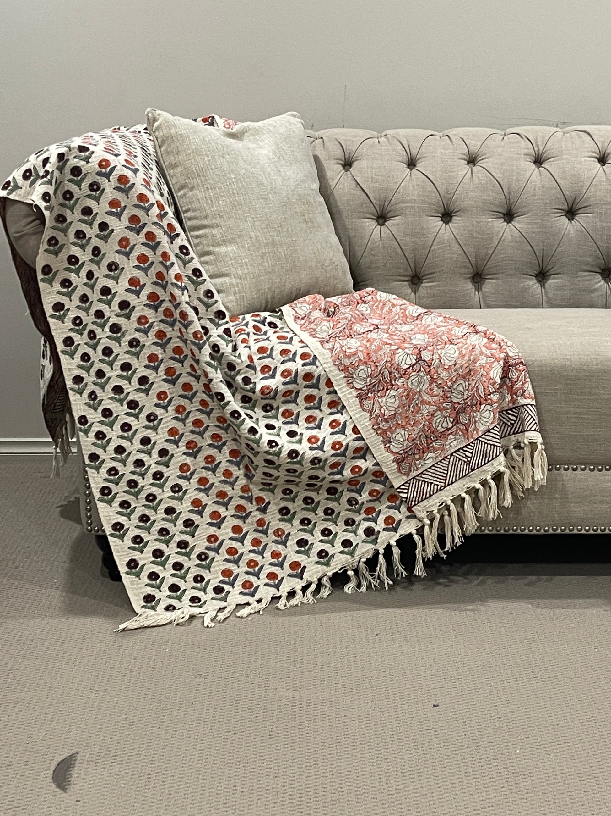 Bohemian Hand Block Bud Printed Cotton Bedding Throw Blanket - Adore India   