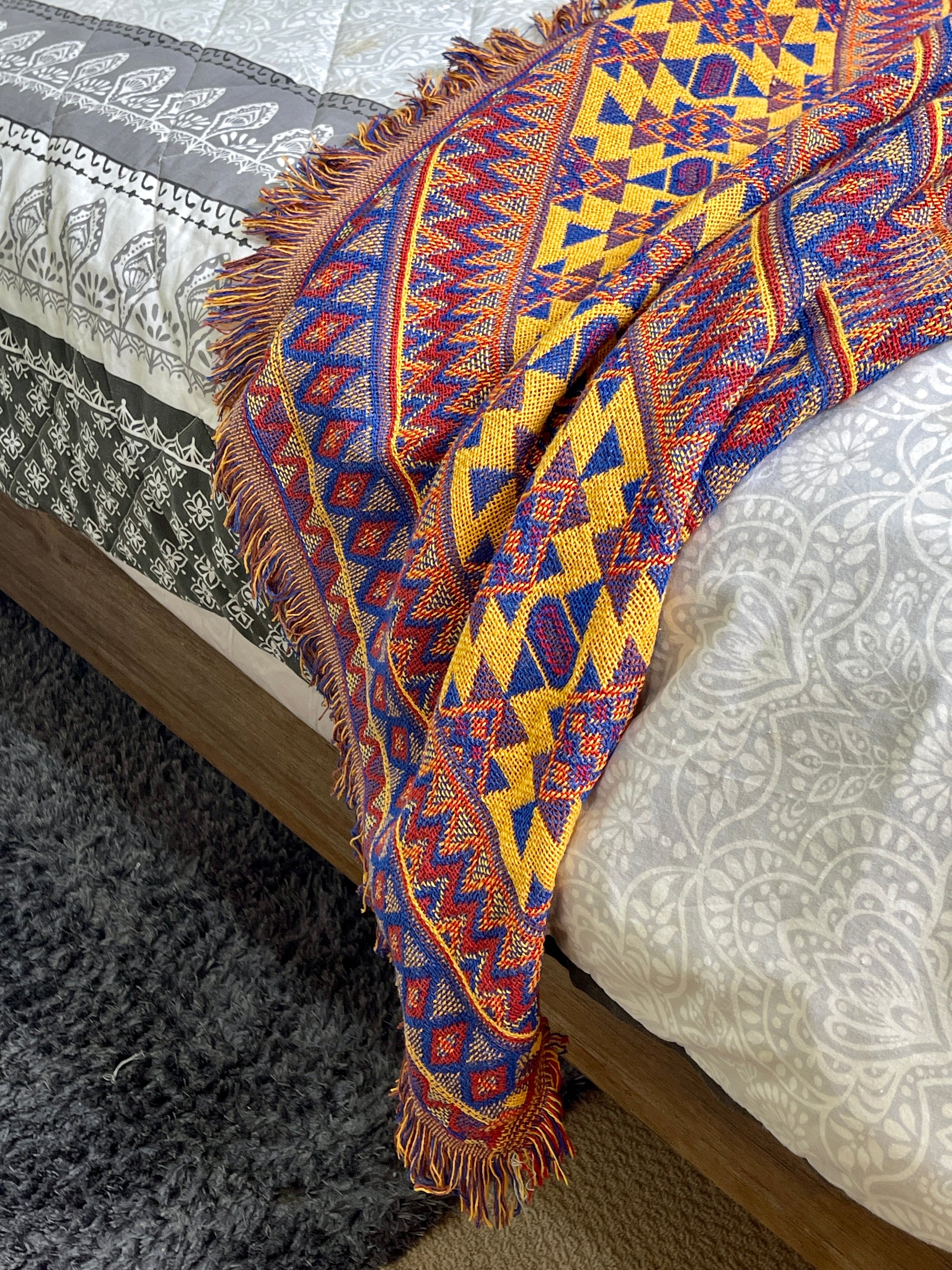 Bohemian Geometrical Kilim Multicolour Geometric Throw Bedspread - Adore India   