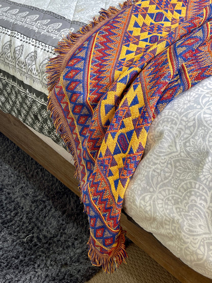 Bohemian Geometrical Kilim Multicolour Geometric Throw Bedspread - Adore India   