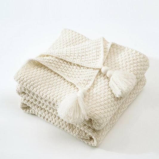 Ivory Nordic Solid Colour Tassel Knitted Blanket Throw - Adore India   
