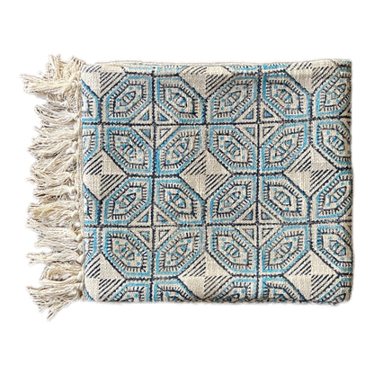 Bohemian Cotton Blue Geometrical Block Printed Cotton Throw Blanket - Adore India   