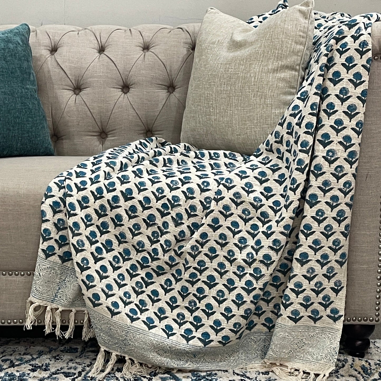 Bohemian Hand Block Blue Bud Cotton Bedding Blanket Throw - Adore India   