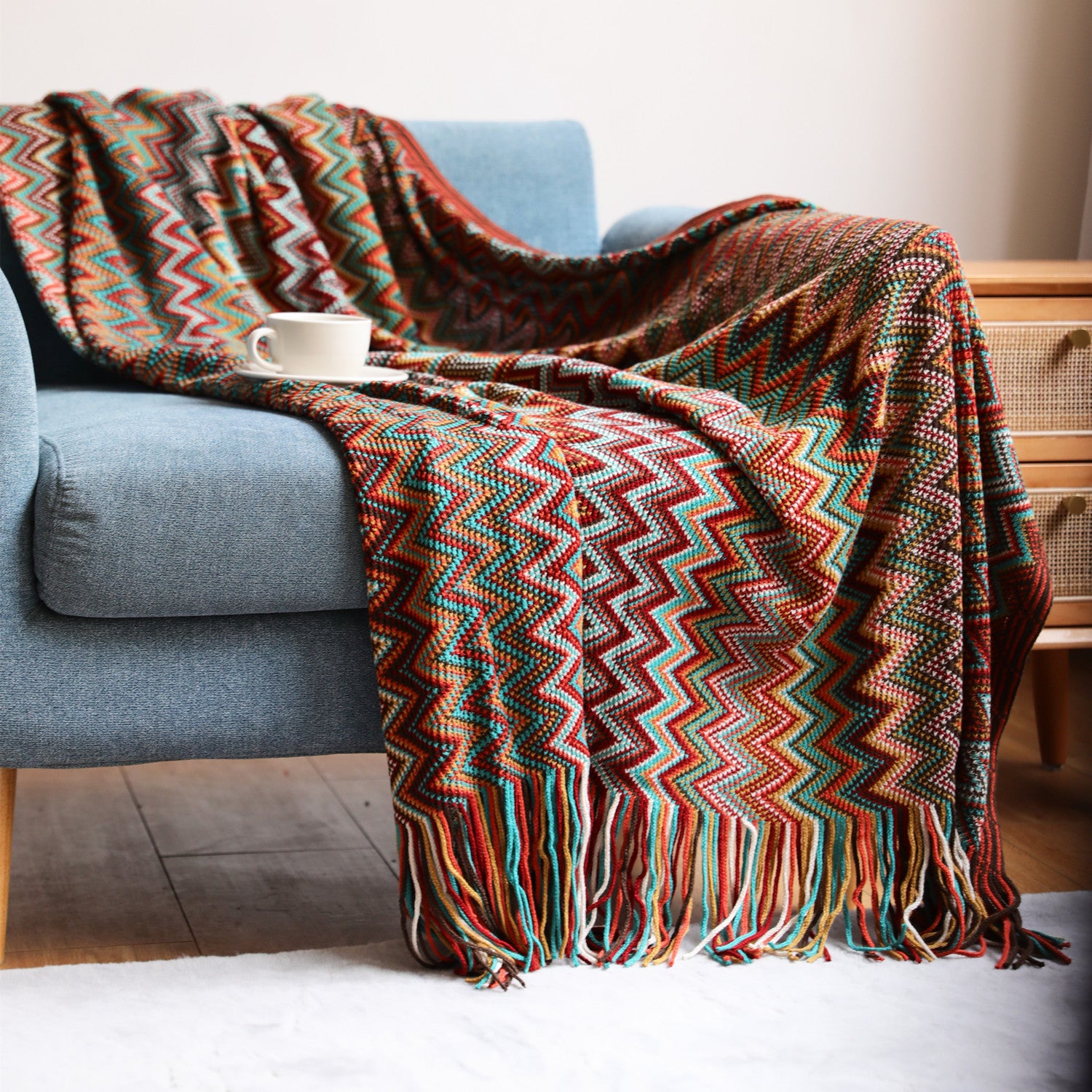 Bohemian Geometrical Zigzag Knitted Blanket Throw - Adore India   