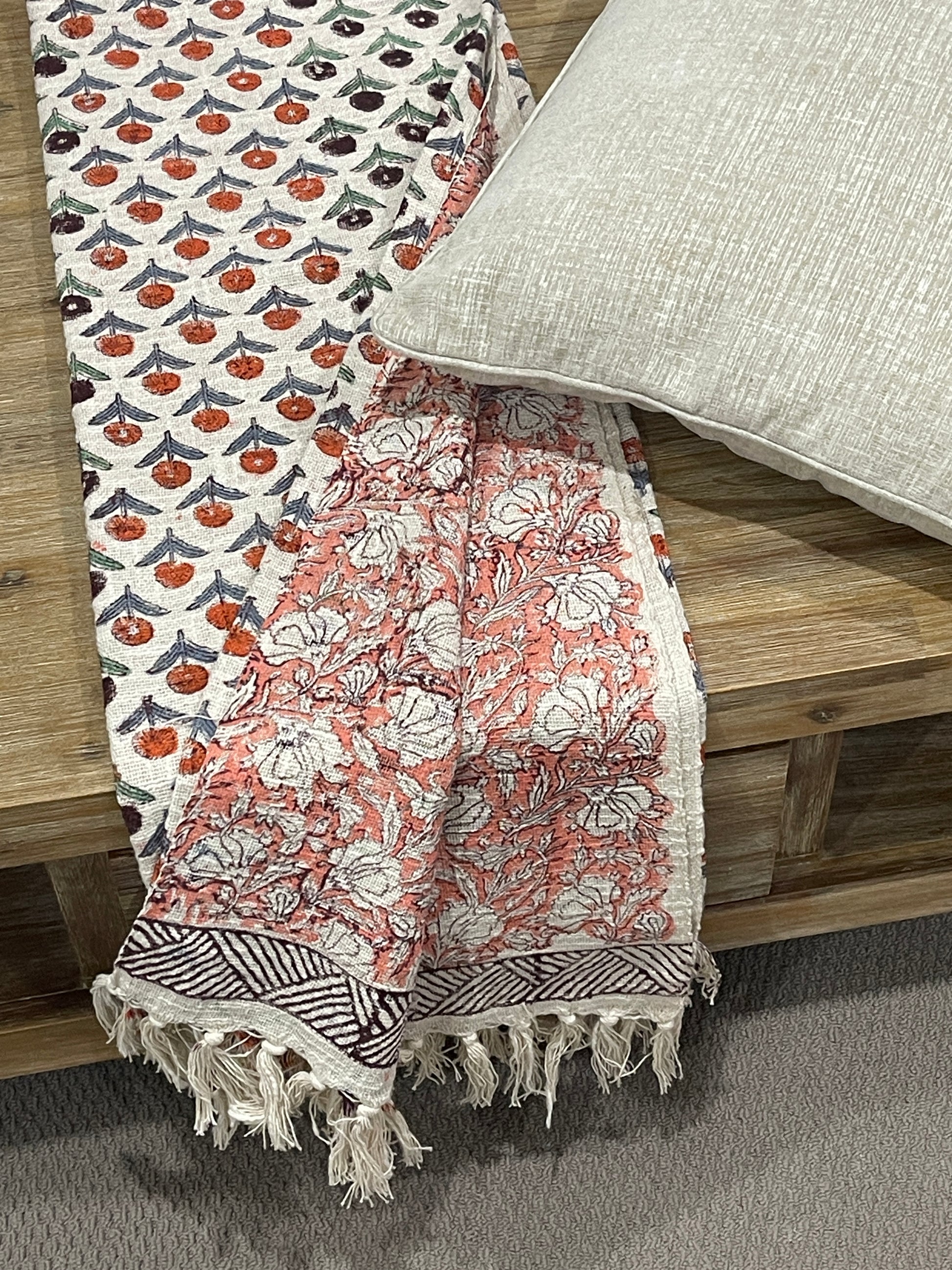 Bohemian Hand Block Bud Printed Cotton Bedding Throw Blanket - Adore India   