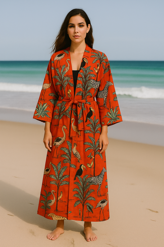Cotton Safari Animal Printed Orange Kimono Kaftan Bathrobe