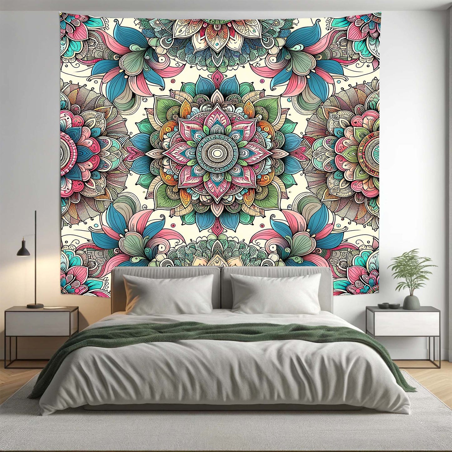 Bohemian Pink Teal AOP Floral Mandala Tapestry Psychedelic Wall Hanging Boho Decor - Adore India   