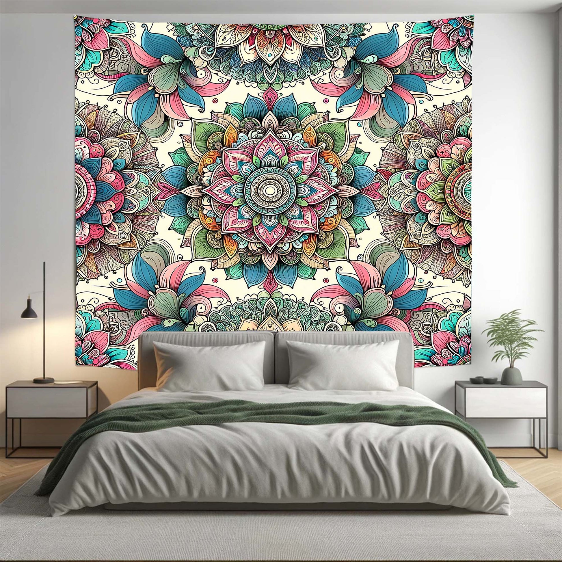 Bohemian Pink Teal AOP Floral Mandala Tapestry Psychedelic Wall Hanging Boho Decor - Adore India   