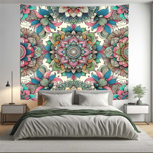 Bohemian Pink Teal AOP Floral Mandala Tapestry Psychedelic Wall Hanging Boho Decor - Adore India   