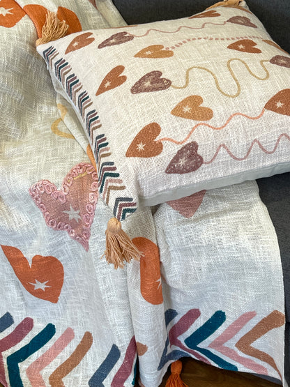 Bohemian Heart Embroidered Cotton Bedding Cushion Throw