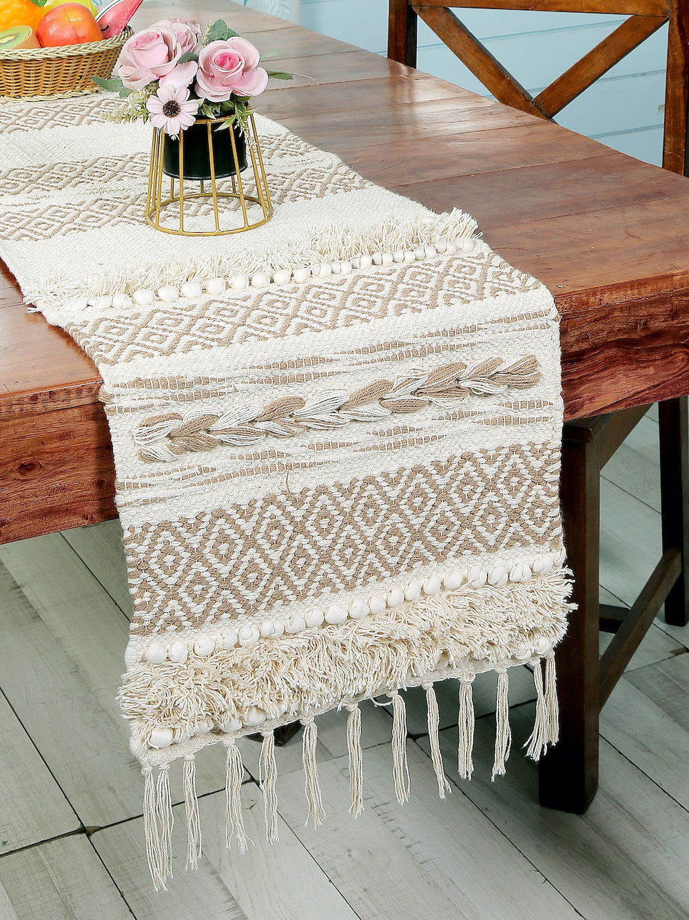 Aria Cotton Boho Table Runner for Dining Elegant Neutral Home Accent