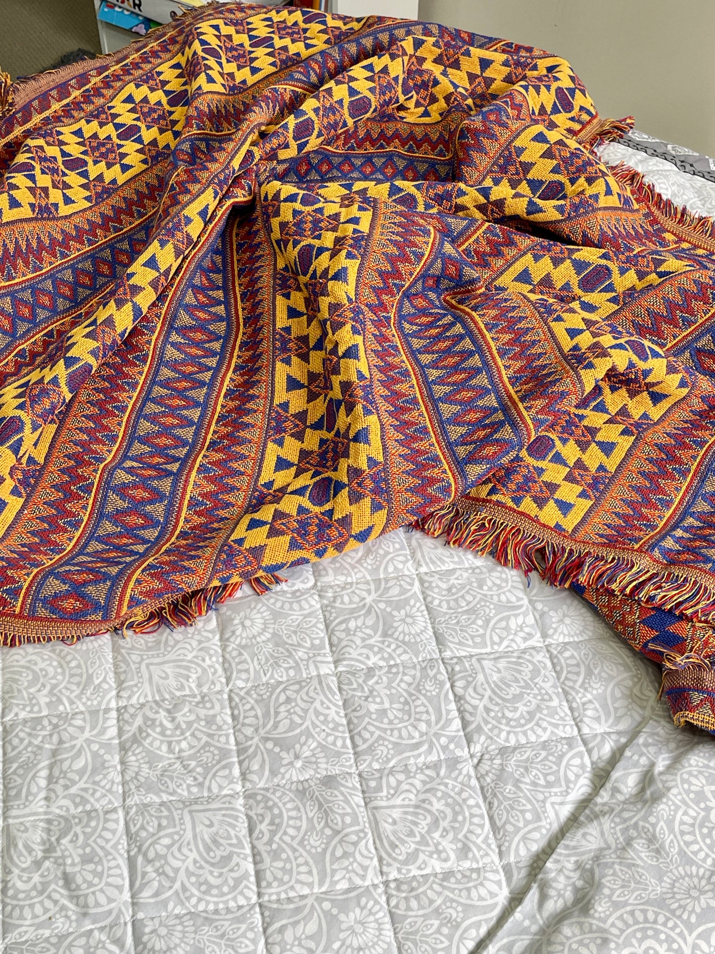 Bohemian Geometrical Kilim Multicolour Geometric Throw Bedspread - Adore India   