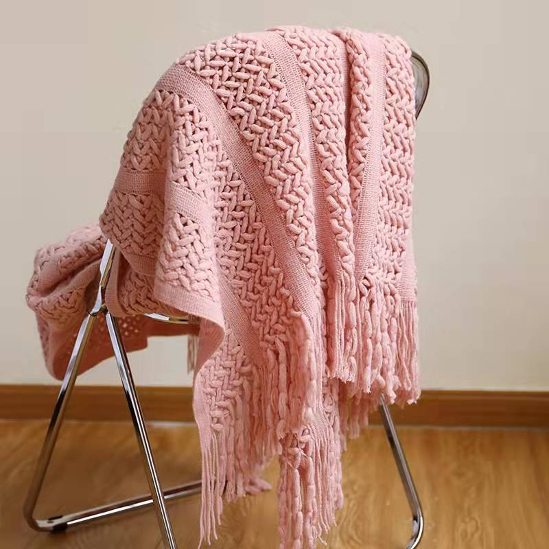Bohemian Knitted Acrylic Solid Pink Bed Sofa Throw Blanket - Adore India   
