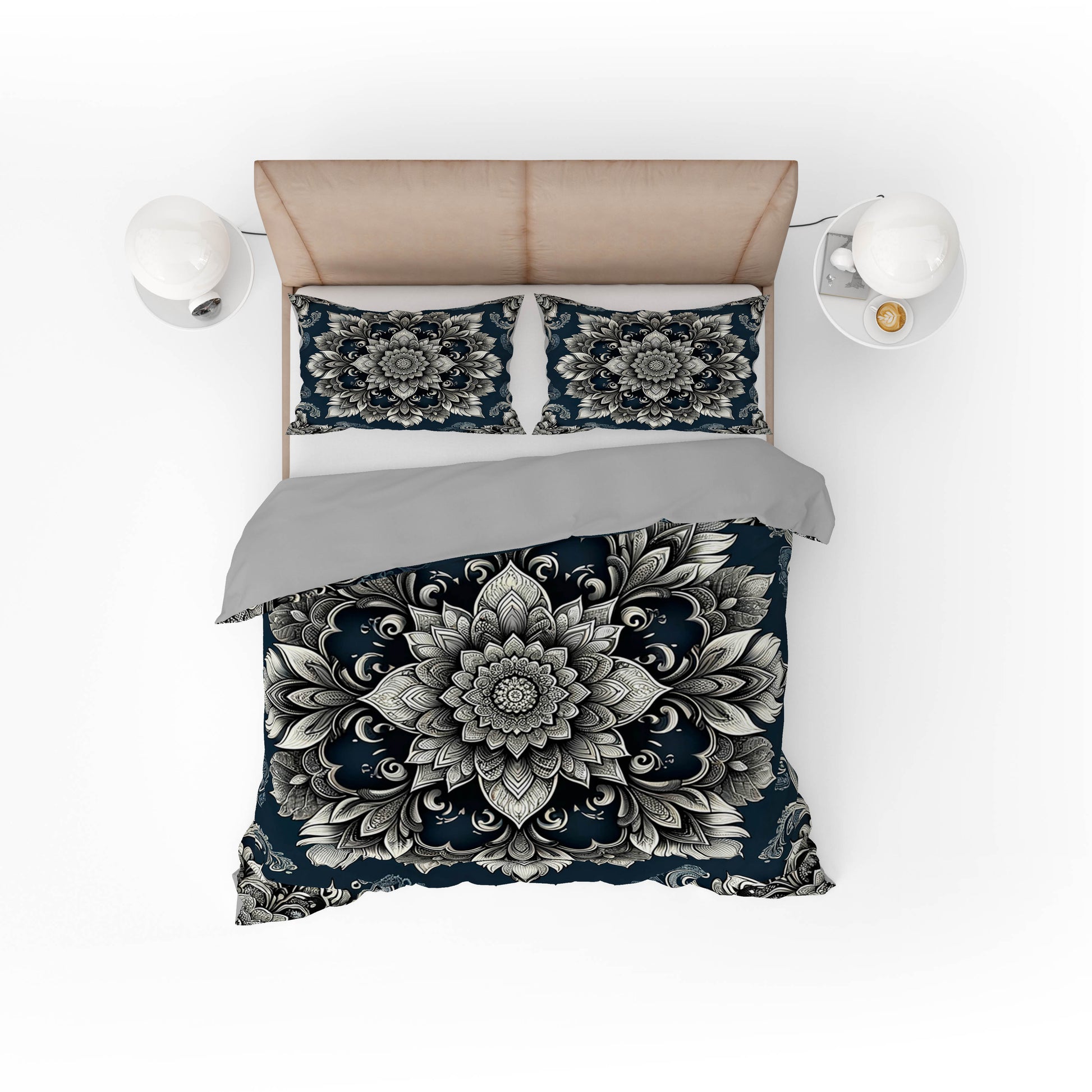 Dark Blue Floral Bohemian Indian Mandala Quilt Cover Set - Adore India   
