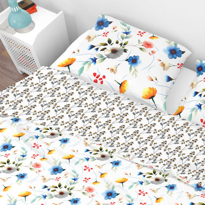 Vintage Retro White Blue Floral Cotton Reversible Quilt Cover Set - Adore India   