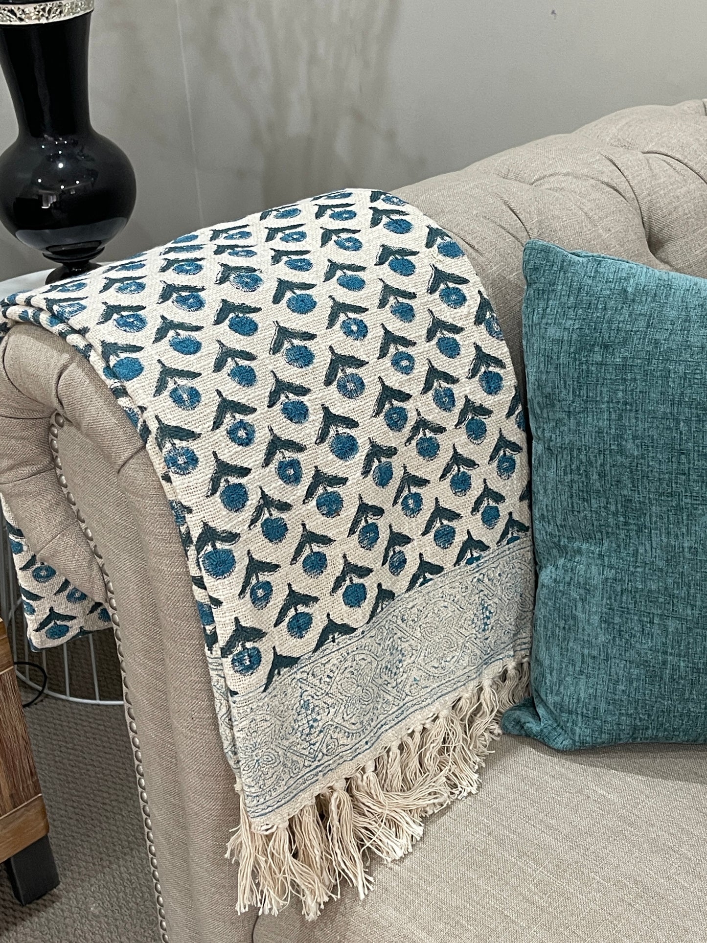 Bohemian Hand Block Blue Bud Cotton Bedding Blanket Throw - Adore India   