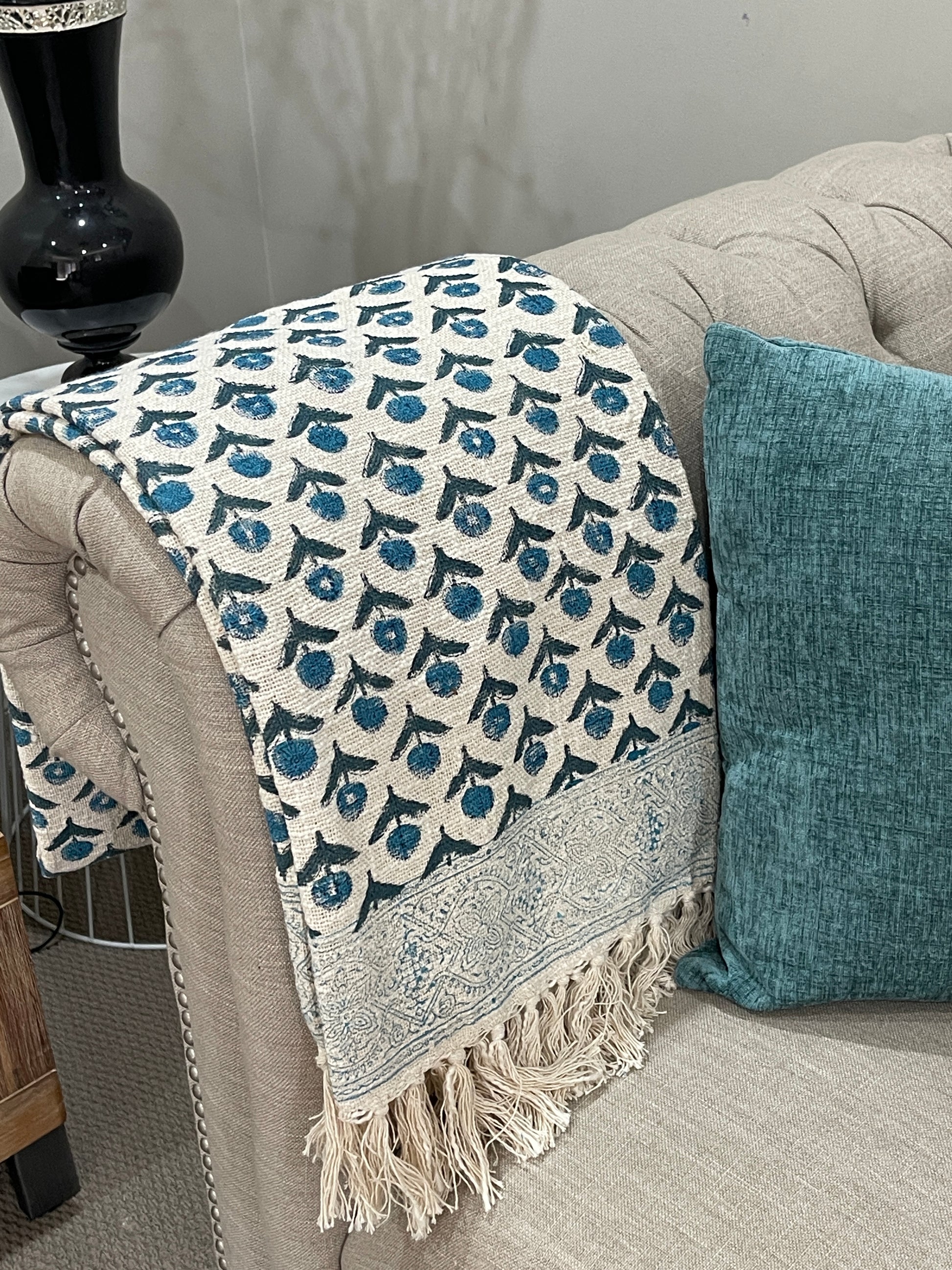 Bohemian Hand Block Blue Bud Cotton Bedding Blanket Throw - Adore India   