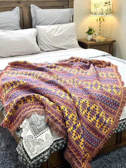 Bohemian Geometrical Kilim Multicolour Geometric Throw Bedspread - Adore India   