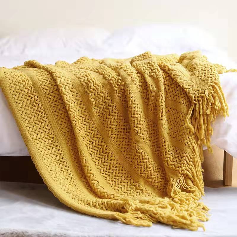 Bohemian Knitted Acrylic Solid Mustard Yellow Bed Sofa Throw Blanket - Adore India   