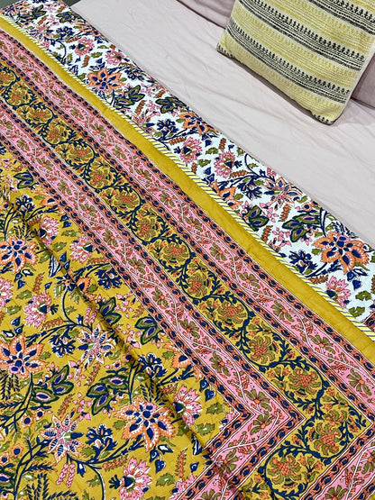 Mustard Pink Floral Cotton Padded Kantha Bedspread Quilt Comforter - Adore India   